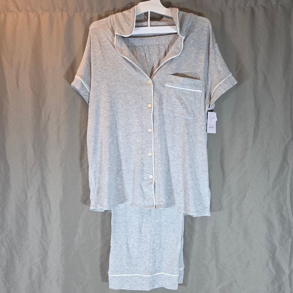 Auden Cloud Knit Pajama Set Gray Short Sleeve Shirt Cropped Pant Small NWT